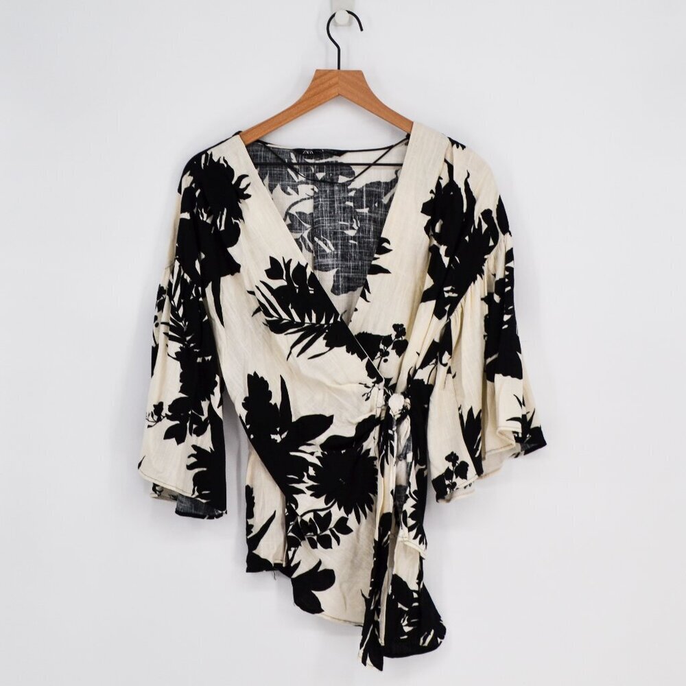 ZARA Floral Wrap Top White Black Women's XS Linen Blend Bell Sleeve Boho Cottage